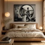 Ash Gray Moon Gate Monochrome Geisha Art Canvas Print - Image 9