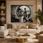 Ash Gray Moon Gate Monochrome Geisha Art Canvas Print - Image 10