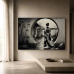 Ash Gray Moon Gate Monochrome Geisha Art Canvas Print - Image 11