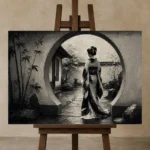 Ash Gray Moon Gate Monochrome Geisha Art Canvas Print displayed on a studio easel