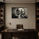 Ash Gray Moon Gate Monochrome Geisha Art Canvas Print displayed in a contemporary gallery-inspired room