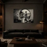 Ash Gray Moon Gate Monochrome Geisha Art Canvas Print shown in a warm modern interior