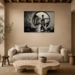 Ash Gray Moon Gate Monochrome Geisha Art Canvas Print presented in a sophisticated home setting