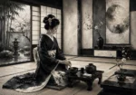 Ivory Gray Tea House Monochrome Geisha Art Canvas Print