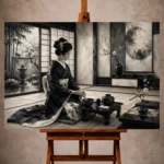 Ivory gray and graphite Monochrome Geisha Art print for elegant interiors. No text or watermarks in design.