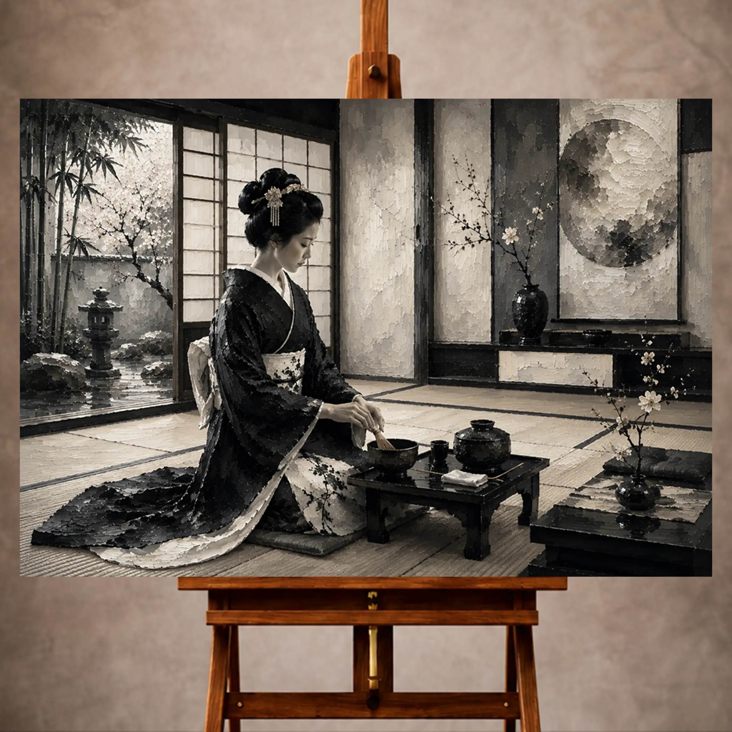 Premium Wall Art Yatay Html Edition – GYSHA077 Image 1 Ivory gray and graphite Monochrome Geisha Art print for elegant interiors. No text or watermarks in design.