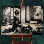 Ivory Gray Tea House Monochrome Geisha Art Canvas Print - Image 2