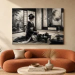 Ivory Gray Tea House Monochrome Geisha Art Canvas Print - Image 3