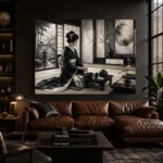 Ivory Gray Tea House Monochrome Geisha Art Canvas Print - Image 4
