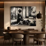 Ivory Gray Tea House Monochrome Geisha Art Canvas Print - Image 5
