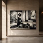 Ivory Gray Tea House Monochrome Geisha Art Canvas Print - Image 6