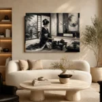 Ivory Gray Tea House Monochrome Geisha Art Canvas Print - Image 7