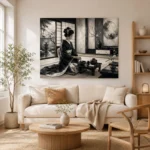 Ivory Gray Tea House Monochrome Geisha Art Canvas Print - Image 8