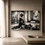 Ivory Gray Tea House Monochrome Geisha Art Canvas Print - Image 11