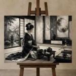 Ivory Gray Tea House Monochrome Geisha Art Canvas Print displayed on a studio easel