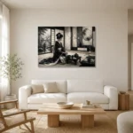Ivory Gray Tea House Monochrome Geisha Art Canvas Print styled in a refined neutral interior