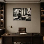 Ivory Gray Tea House Monochrome Geisha Art Canvas Print displayed in a contemporary gallery-inspired room