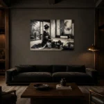 Ivory Gray Tea House Monochrome Geisha Art Canvas Print shown in a warm modern interior