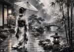 Smoky Silver Rain Monochrome Geisha Art Canvas Print