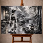 Smoky silver Monochrome Geisha Art print for elegant interiors. No text or watermarks in design.