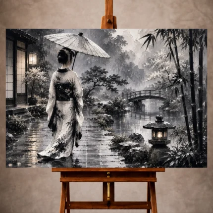 Smoky silver Monochrome Geisha Art print for elegant interiors. No text or watermarks in design.