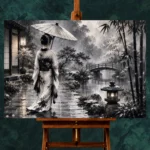 Smoky Silver Rain Monochrome Geisha Art Canvas Print - Image 2