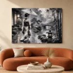 Smoky Silver Rain Monochrome Geisha Art Canvas Print - Image 3