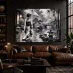Smoky Silver Rain Monochrome Geisha Art Canvas Print - Image 4