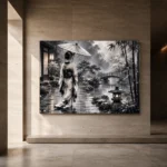 Smoky Silver Rain Monochrome Geisha Art Canvas Print - Image 6