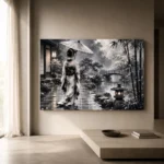 Smoky Silver Rain Monochrome Geisha Art Canvas Print - Image 11