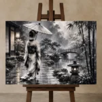 Smoky Silver Rain Monochrome Geisha Art Canvas Print displayed on a studio easel