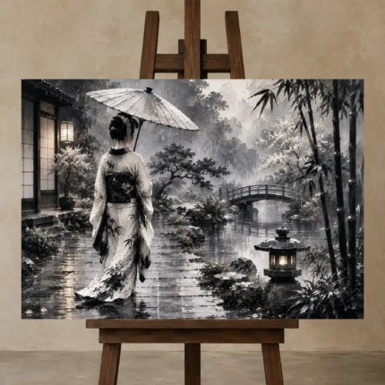 Smoky Silver Rain Monochrome Geisha Art Canvas Print displayed on a studio easel