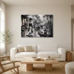 Smoky Silver Rain Monochrome Geisha Art Canvas Print styled in a refined neutral interior
