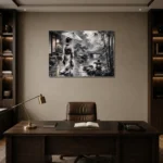 Smoky Silver Rain Monochrome Geisha Art Canvas Print displayed in a contemporary gallery-inspired room