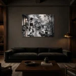 Smoky Silver Rain Monochrome Geisha Art Canvas Print shown in a warm modern interior