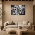 Smoky Silver Rain Monochrome Geisha Art Canvas Print presented in a sophisticated home setting