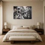 Smoky Silver Rain Monochrome Geisha Art Canvas Print showcased in an elegant minimalist interior