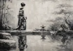 Porcelain White Pond Monochrome Geisha Art Canvas Print