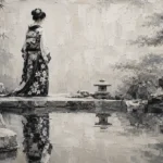 Porcelain White Pond Monochrome Geisha Art Canvas Print
