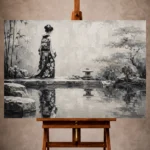 Porcelain white and soft gray Monochrome Geisha Art print for elegant interiors. No text or watermarks in design.