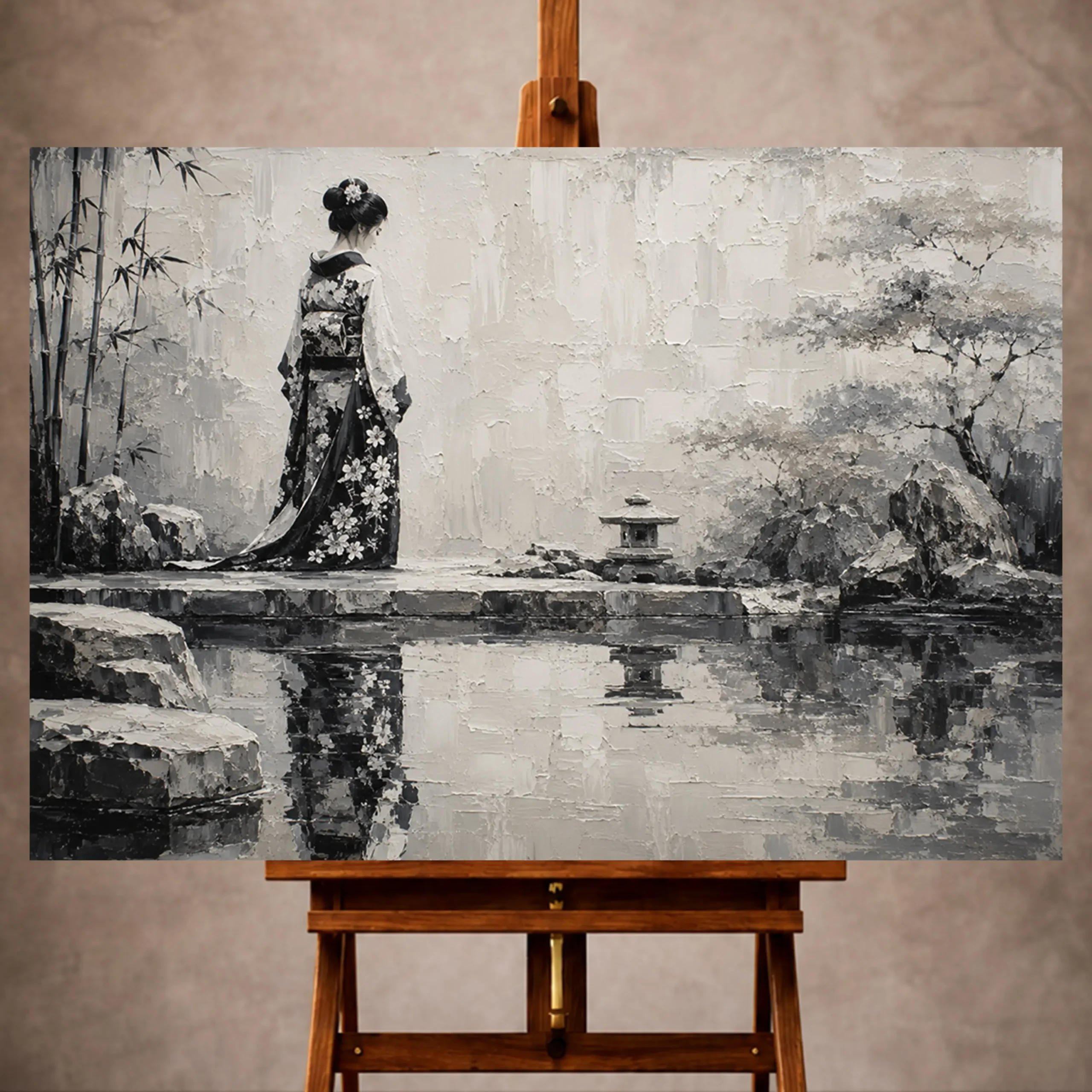 Premium Wall Art Yatay Html Edition – GYSHA079 Image 1 Porcelain white and soft gray Monochrome Geisha Art print for elegant interiors. No text or watermarks in design.