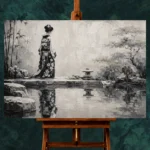 Porcelain White Pond Monochrome Geisha Art Canvas Print - Image 2