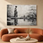 Porcelain White Pond Monochrome Geisha Art Canvas Print - Image 3