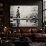 Porcelain White Pond Monochrome Geisha Art Canvas Print - Image 4
