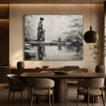 Porcelain White Pond Monochrome Geisha Art Canvas Print - Image 5