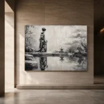 Porcelain White Pond Monochrome Geisha Art Canvas Print - Image 6