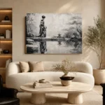 Porcelain White Pond Monochrome Geisha Art Canvas Print - Image 7
