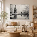 Porcelain White Pond Monochrome Geisha Art Canvas Print - Image 8