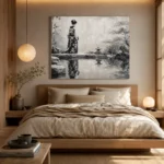 Porcelain White Pond Monochrome Geisha Art Canvas Print - Image 9