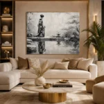 Porcelain White Pond Monochrome Geisha Art Canvas Print - Image 10